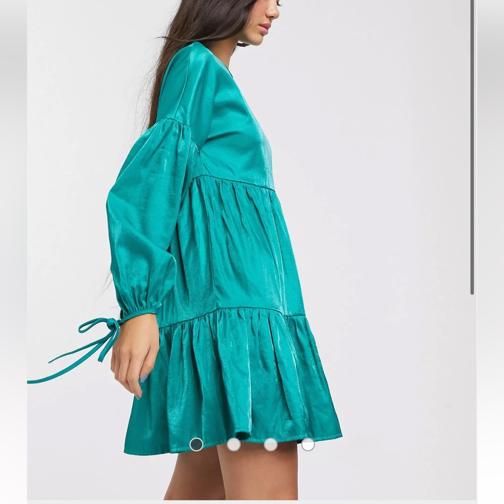 Glamorous tiered mini smock dress with tie cuffs in‎ satin size 2